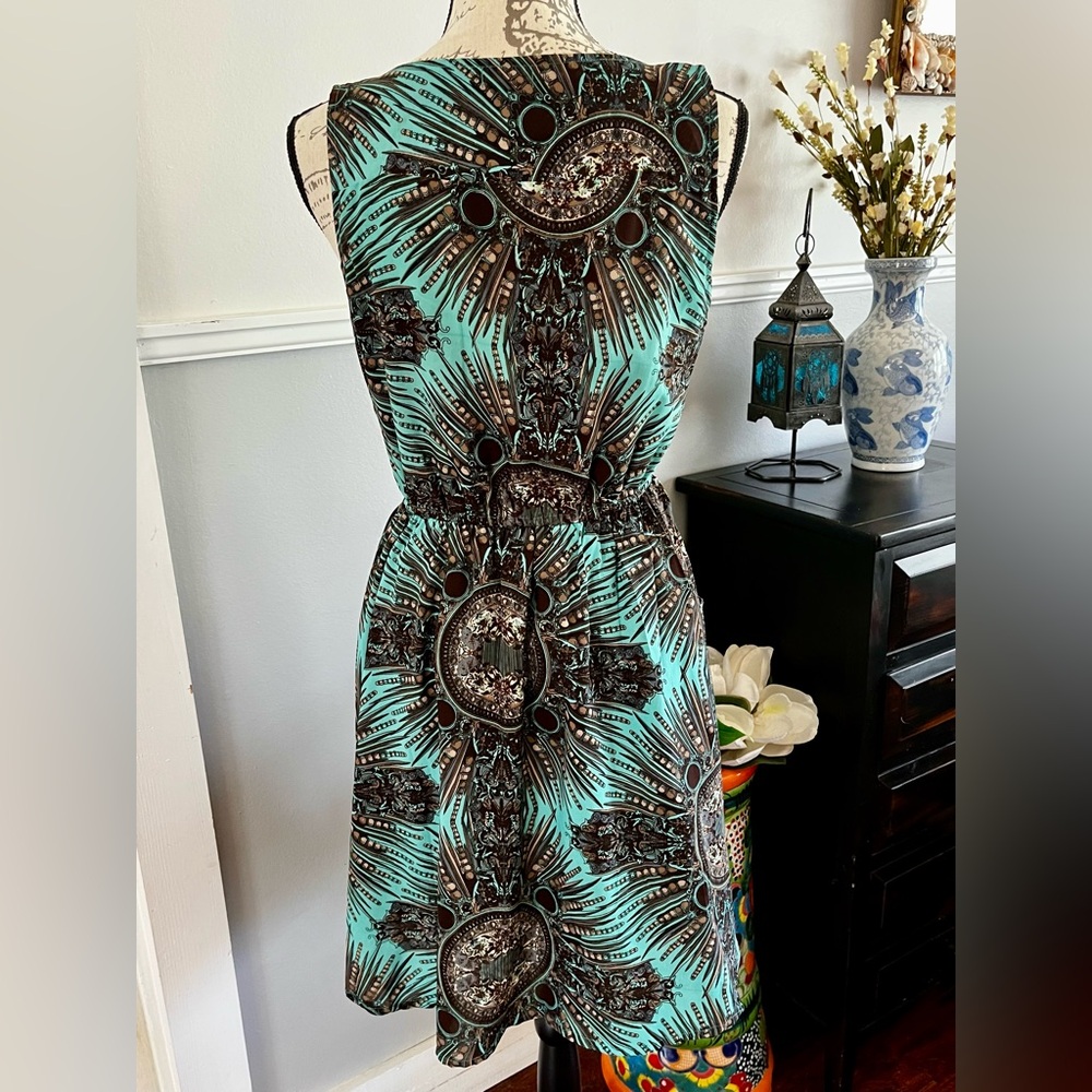 EUC Earthbound Trading Co. Teal & Feather Patterned Mini Dress Pockets Medium - Picture 4 of 14
